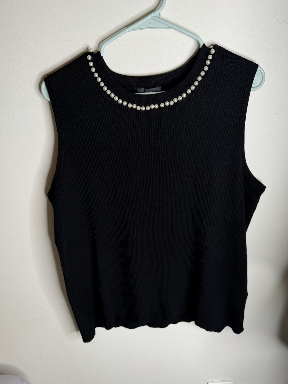 Adrianna Papell Black Sleeveless Ribbed Tank with Pearl Trim